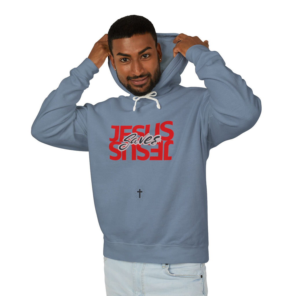 Jesus Saves Hoodie — Mirrored Red Graphic Christian Sweatshirt