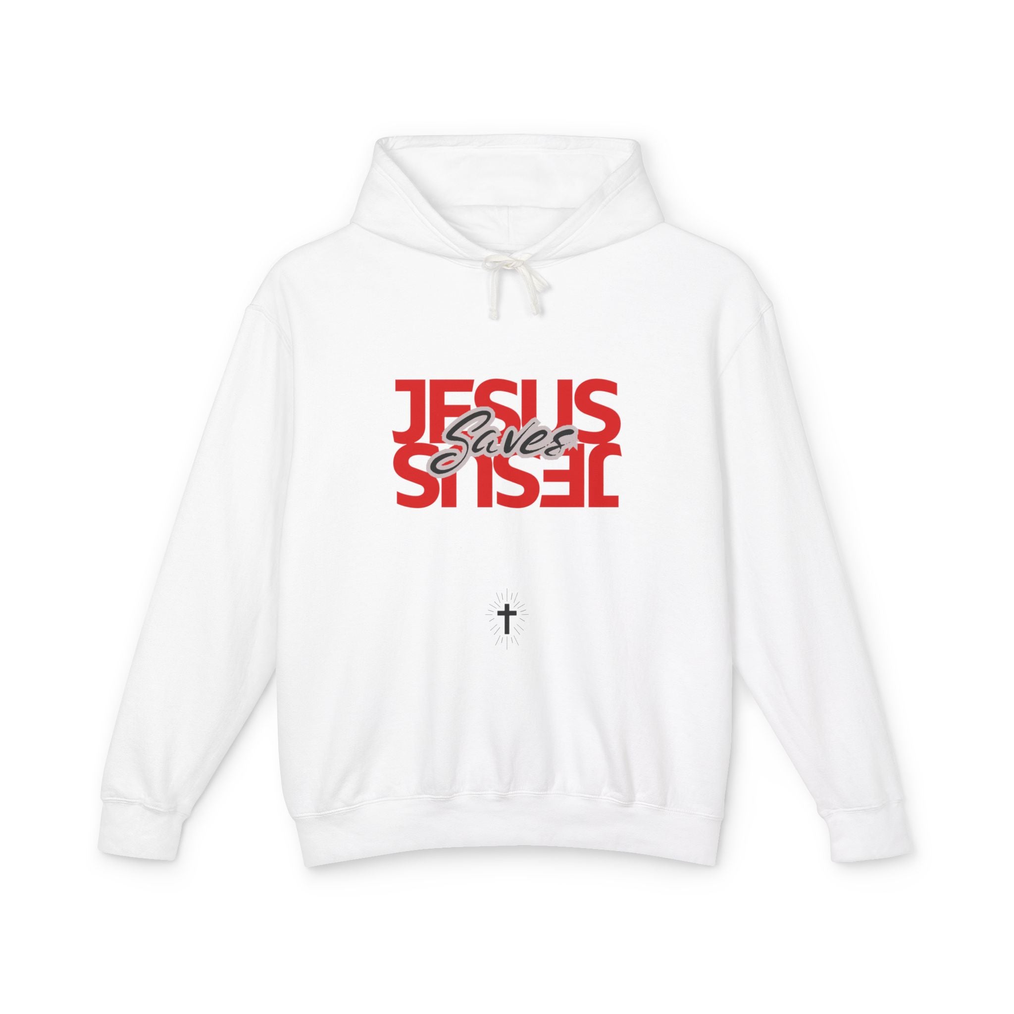 Jesus Saves Hoodie — Mirrored Red Graphic Christian Sweatshirt