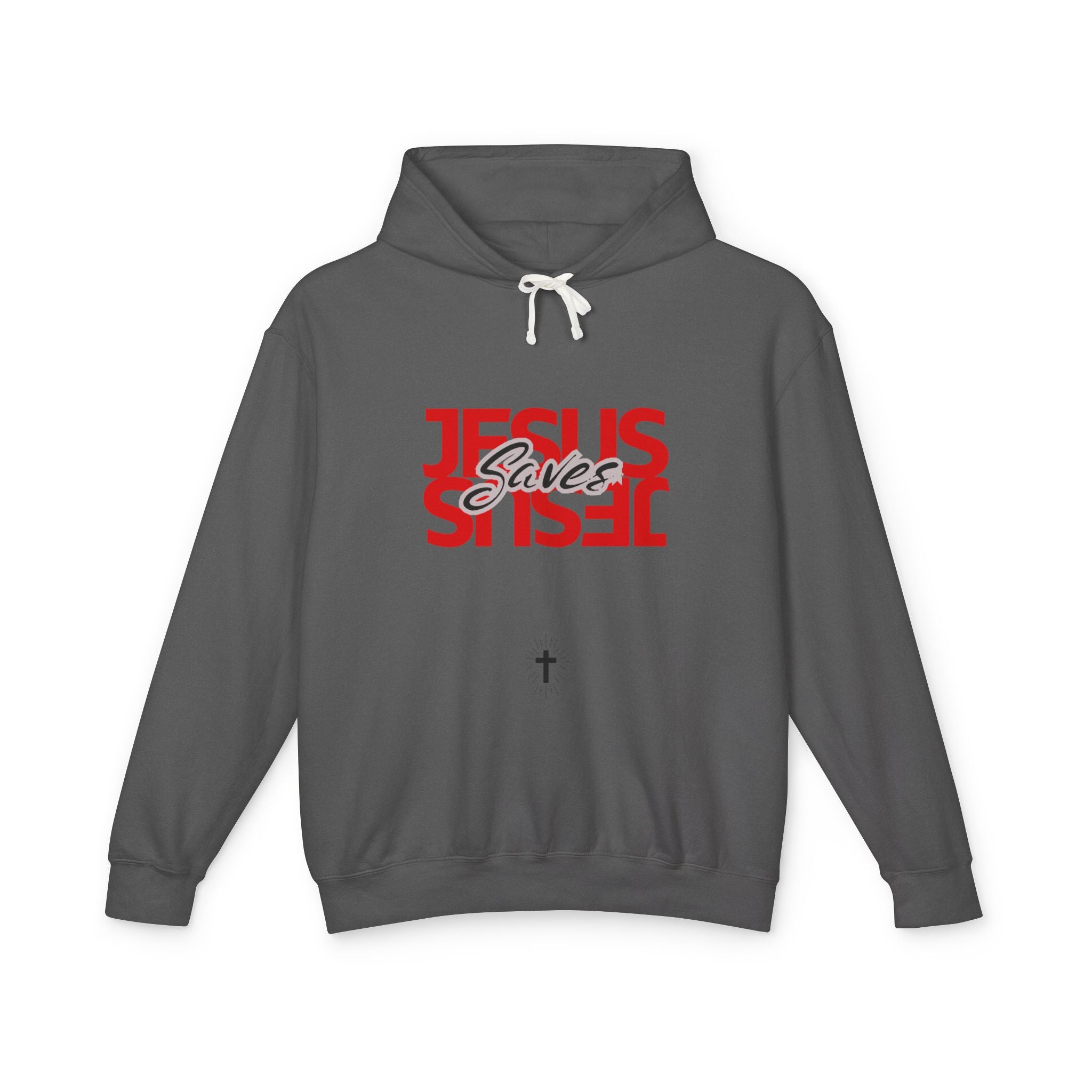 Jesus Saves Hoodie — Mirrored Red Graphic Christian Sweatshirt