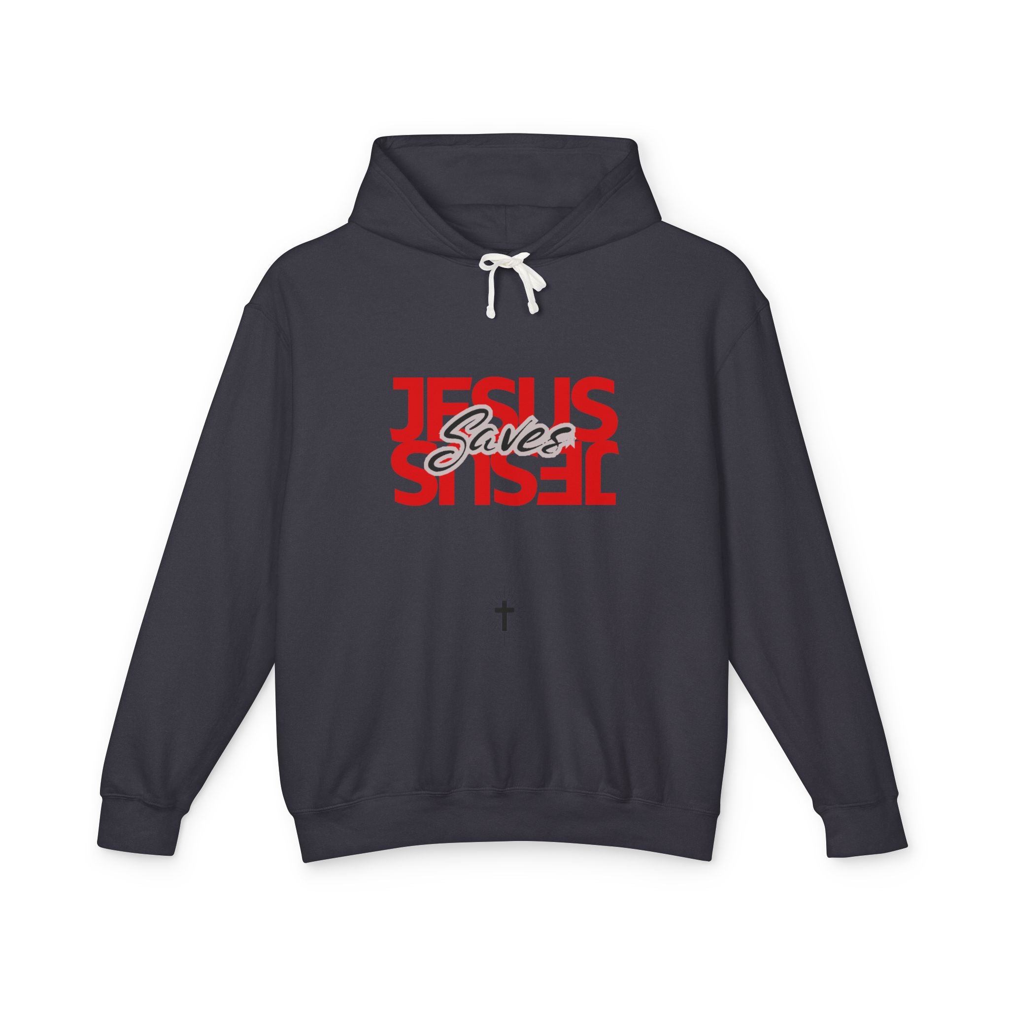 Jesus Saves Hoodie — Mirrored Red Graphic Christian Sweatshirt