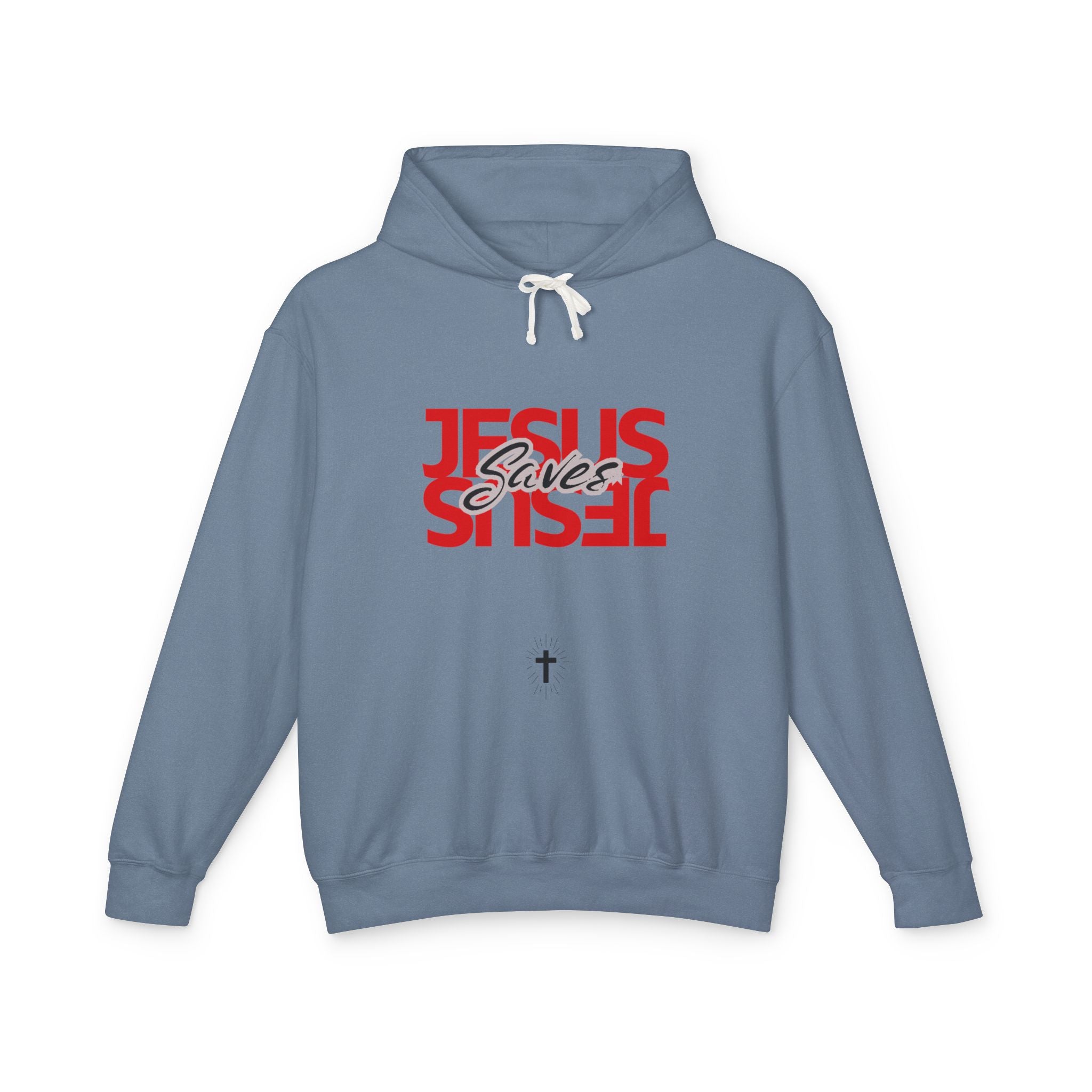 Jesus Saves Hoodie — Mirrored Red Graphic Christian Sweatshirt