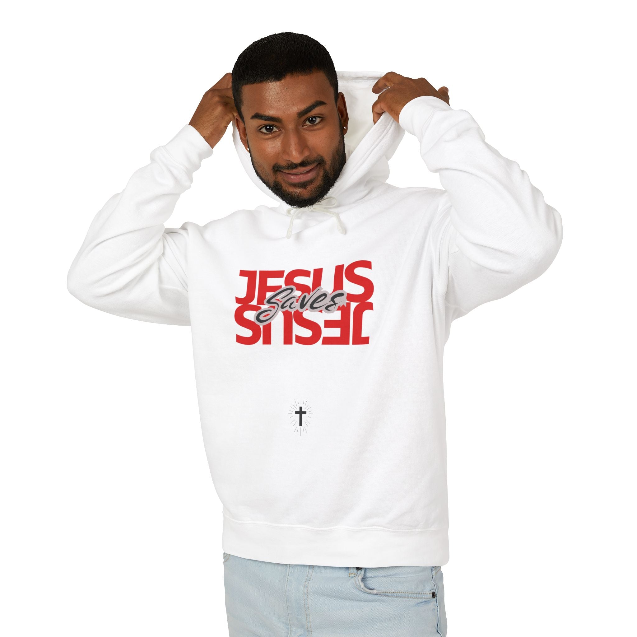 Jesus Saves Hoodie — Mirrored Red Graphic Christian Sweatshirt